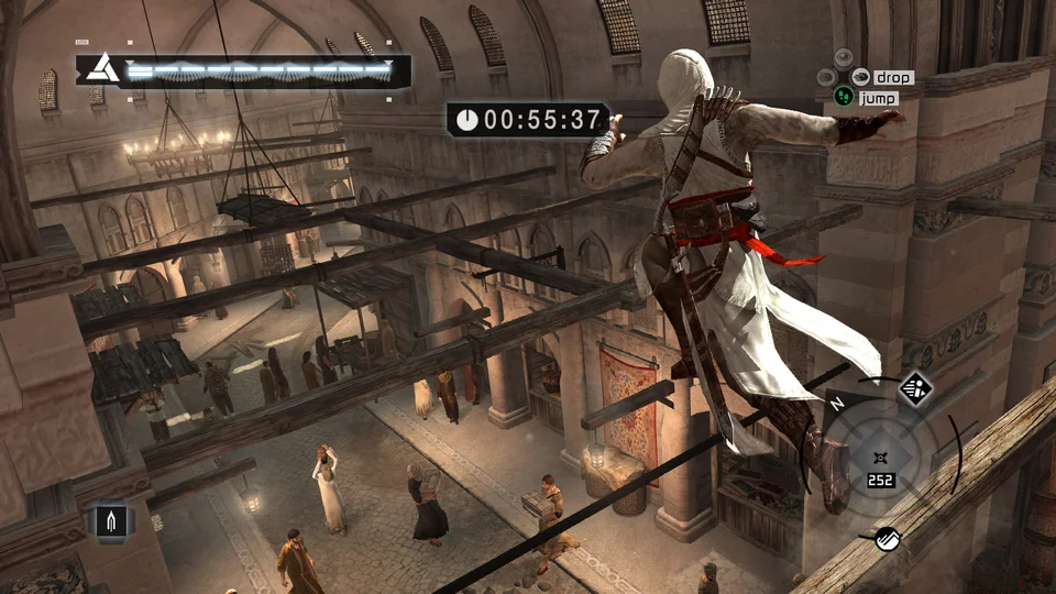 Altaïr crosses a beam high above a crowded bazaar, arms out for balance, the 2007 HUD framing the drop