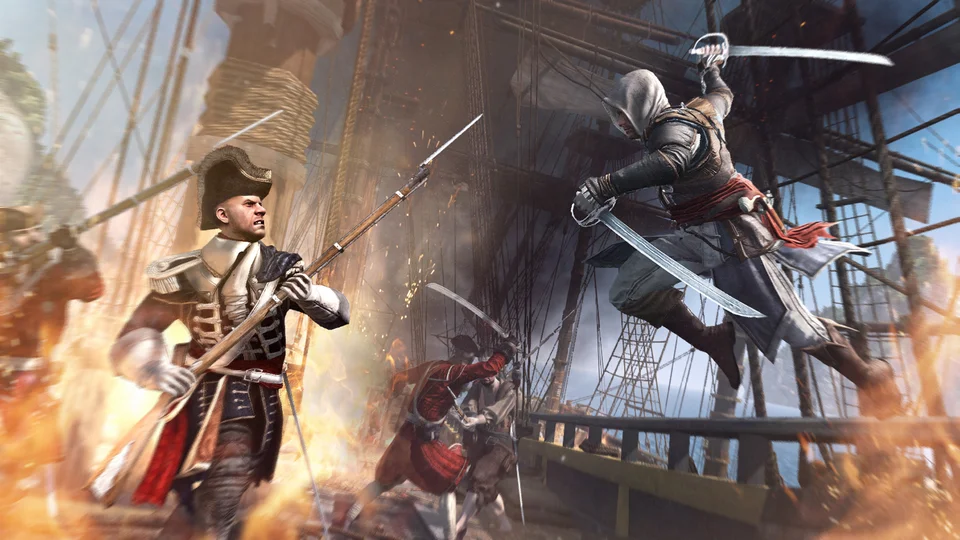Edward leaps across a burning deck, twin swords out, straight at a naval officer amid the rigging