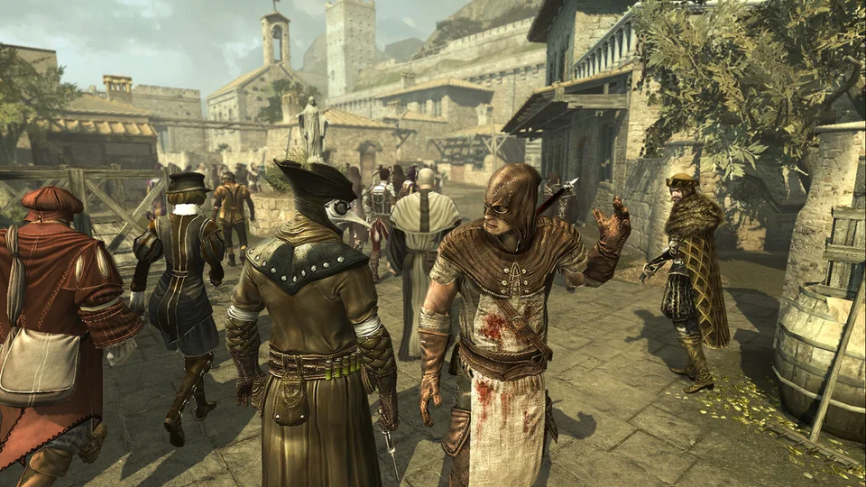 A hooded figure raises a hidden blade amid an oblivious crowd in a Roman street