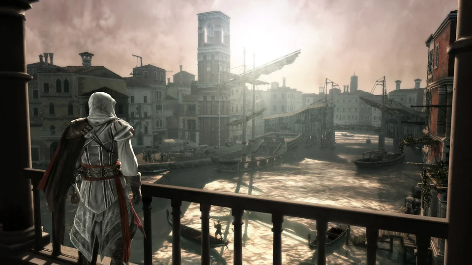 Ezio watches Venice from a balcony — canal, gondolas and campanile in the haze