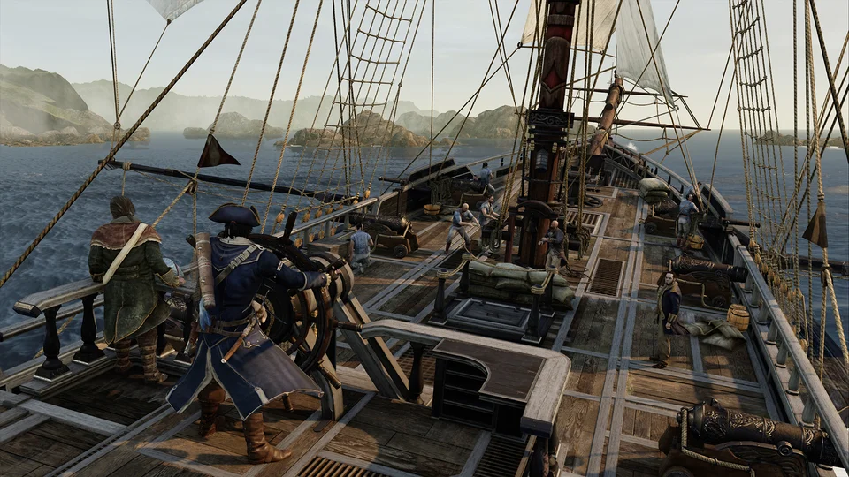Connor holds the Aquila's wheel as the crew works the deck along a rocky coastline
