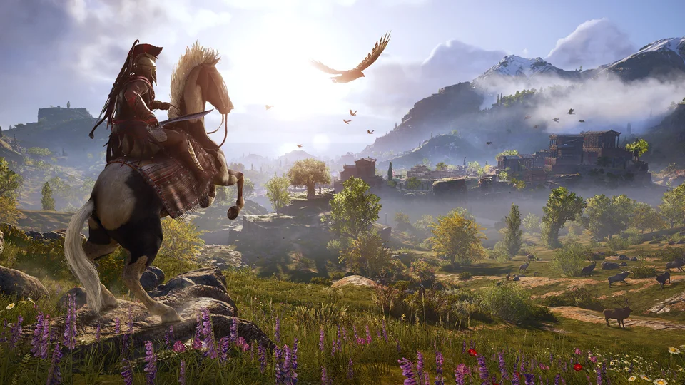 Kassandra reins in a rearing horse on a rocky outcrop while the eagle Ikaros wheels over a sunlit Greek valley