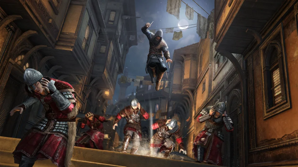 Ezio drops from the rooftops, dagger first, onto Ottoman guards in a moonlit Constantinople lane