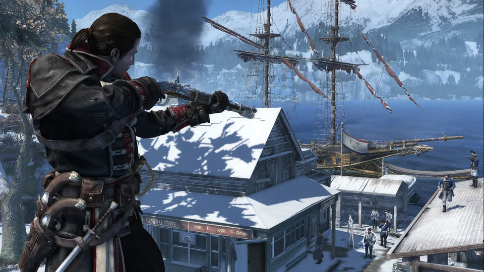 Shay sights his air rifle from a rooftop over a snow-covered harbor town, tall ships at anchor beyond