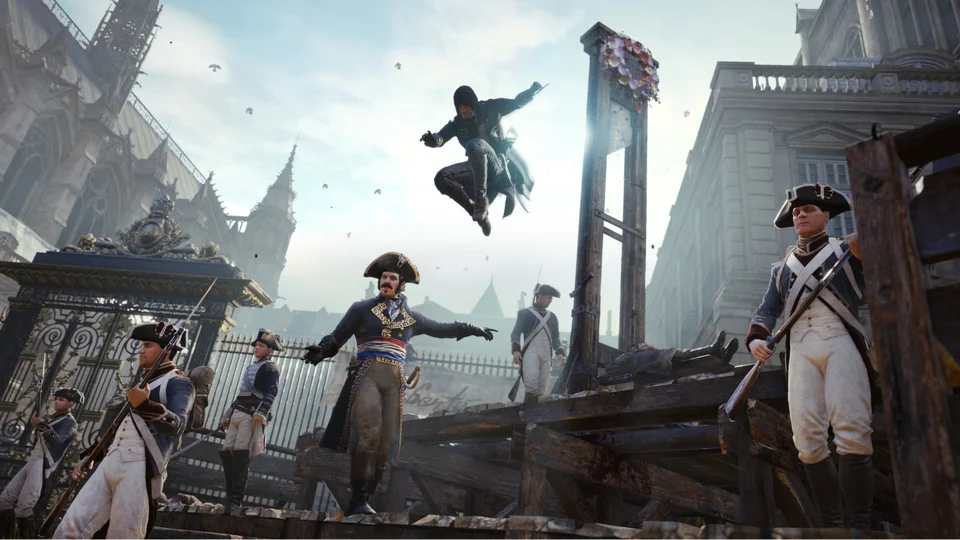 Arno vaults over a guillotine mid-execution, revolutionary soldiers turning too late