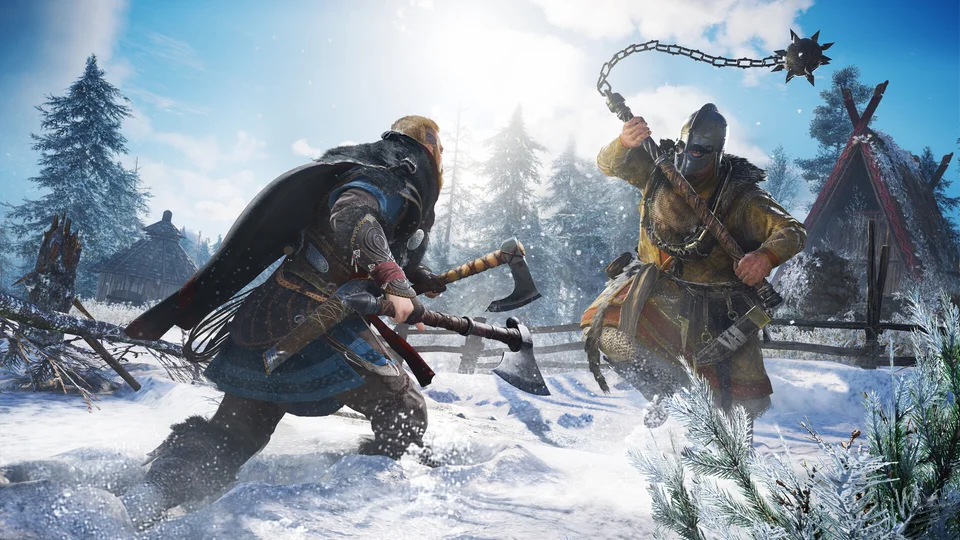 Eivor squares off, axe drawn, against a flail-swinging warrior in a snowbound village